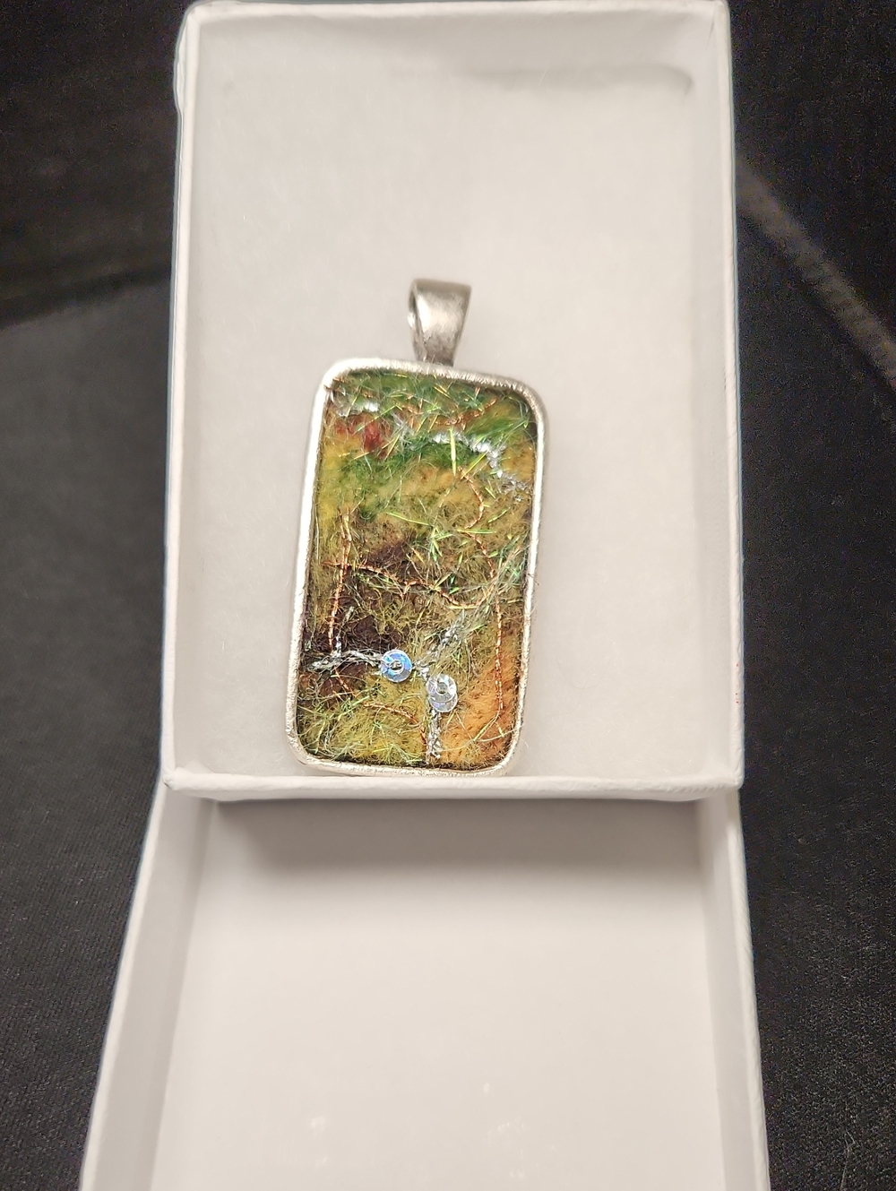 Artisan Handmade Rectangular Green and Gold Felted Wool Silver Plated Pendant